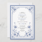 Blauwe elegante  floral lijst QR code bruiloft Kaart (Voorkant)