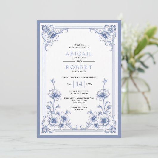 Blauwe elegante  floral lijst QR code bruiloft Kaart (Staand voorkant)