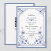 Blauwe elegante  floral lijst QR code bruiloft Kaart (Voorkant / Achterkant)