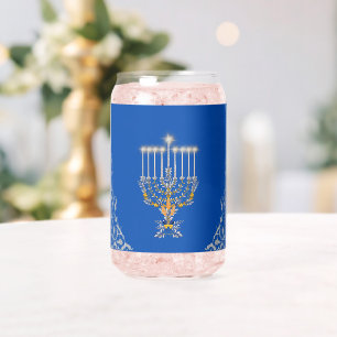 Blauwe Elegante Hanukkah Zilveren Menora Blikvorm Glas