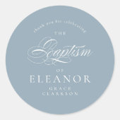 Blauwe Elegante Kalligrafie Doop Dank u Ronde Sticker (Voorkant)