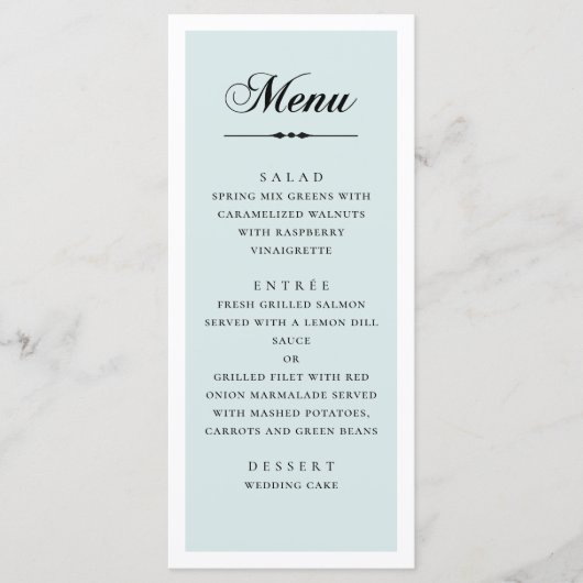 Blauwe elegante klassieke kalligrafie script bruil menu (Voorkant)