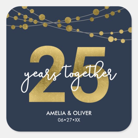 Blauwe Elegante Lichten 25e Bruiloft Jubileum Vierkante Sticker (Voorkant)