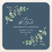 Blauwe elegante moderne eucalyptus slaat de datumc kartonnen onderzetters (Voorkant)