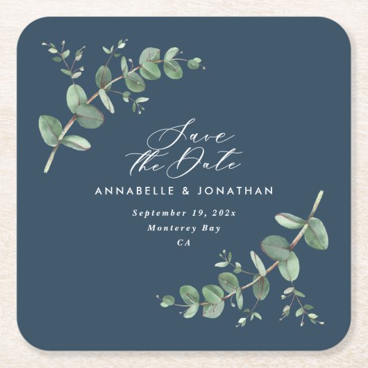 Blauwe elegante moderne eucalyptus slaat de datumc kartonnen onderzetters (Voorkant)