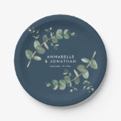 Blauwe elegante moderne eucalyptusbladerbruiloft papieren bordje (Voorkant)