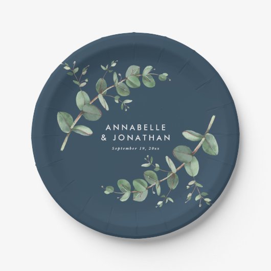 Blauwe elegante moderne eucalyptusbladerbruiloft papieren bordje (Voorkant)