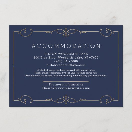 Blauwe elegante moderne klassieke trouwaccommodati informatiekaartje (Voorkant)