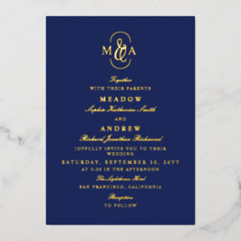 Blauwe Elegante Typografie Ampersand Monogram Huwe Folie Uitnodiging