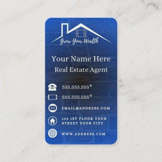 Blauwe elegante Visitekaartjes voor makelaars (Voorkant)