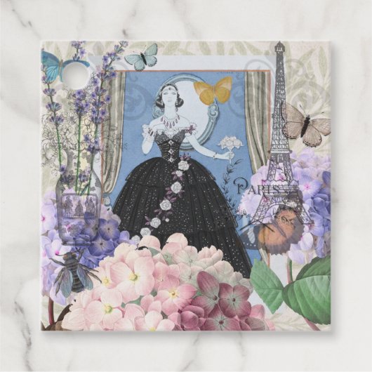 Blauwe elegante vrouw bloemrijke fancy jurk  bedankjes labels (Voorkant)