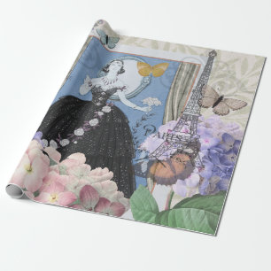 Blauwe elegante vrouw bloemrijke fancy jurk  cadeaupapier