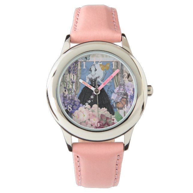 Blauwe elegante vrouw bloemrijke fancy jurk horloge (Voorkant)