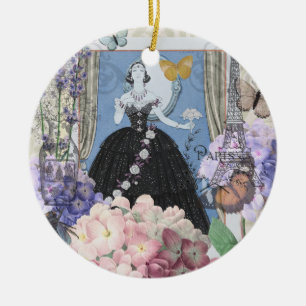 Blauwe elegante vrouw bloemrijke fancy jurk  keramisch ornament
