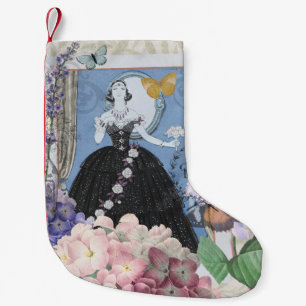 Blauwe elegante vrouw bloemrijke fancy jurk  kleine kerstsok
