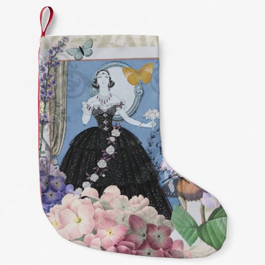 Blauwe elegante vrouw bloemrijke fancy jurk kleine kerstsok (Voorkant)