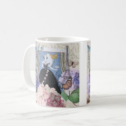 Blauwe elegante vrouw bloemrijke fancy jurk koffiemok (Voorkant links)