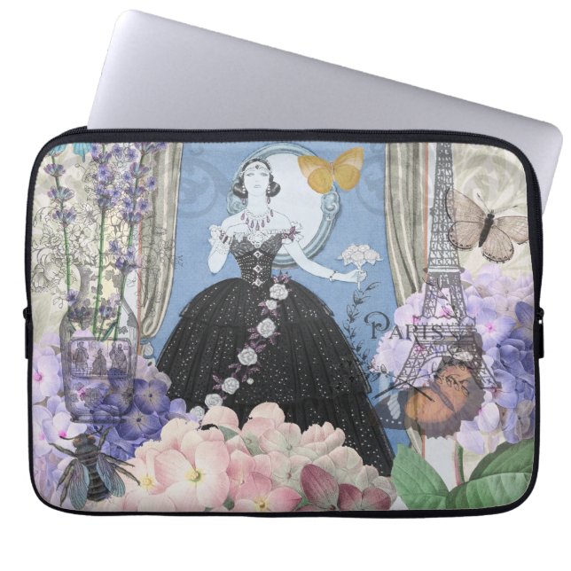 Blauwe elegante vrouw bloemrijke fancy jurk laptop sleeve (Voorkant)