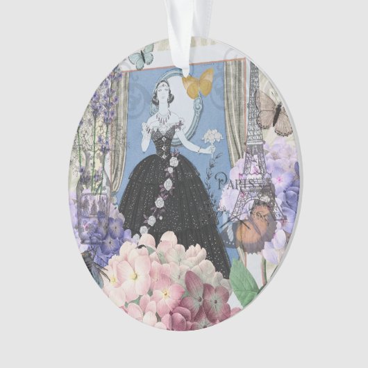 Blauwe elegante vrouw bloemrijke fancy jurk  ornament (voorkant)