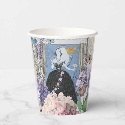 Blauwe elegante vrouw bloemrijke fancy jurk  papieren bekers (Achterkant)