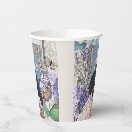 Blauwe elegante vrouw bloemrijke fancy jurk  papieren bekers (Links)