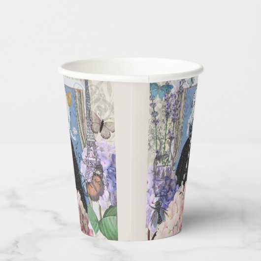 Blauwe elegante vrouw bloemrijke fancy jurk  papieren bekers (Rechts)