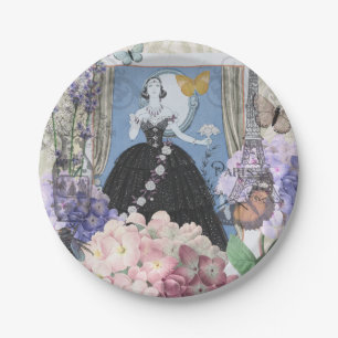 Blauwe elegante vrouw bloemrijke fancy jurk papieren bordje