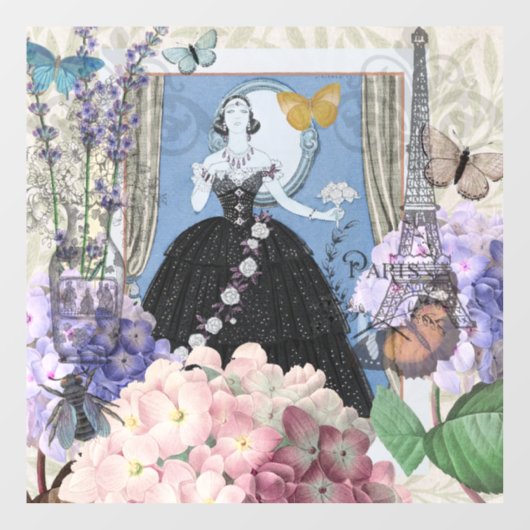 Blauwe elegante vrouw bloemrijke fancy jurk  raamsticker (Vel)