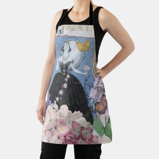 Blauwe elegante vrouw bloemrijke fancy jurk schort (Insitu)