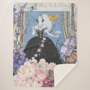 Blauwe elegante vrouw bloemrijke fancy jurk  sherpa deken