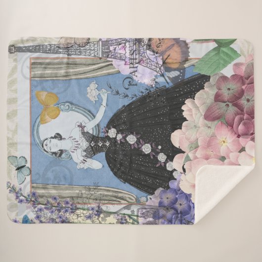 Blauwe elegante vrouw bloemrijke fancy jurk  sherpa deken (Voorkant (horizontaal))