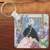 Blauwe elegante vrouw bloemrijke fancy jurk sleutelhanger (Voorkant)