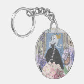 Blauwe elegante vrouw bloemrijke fancy jurk  sleutelhanger (Voorkant Links)