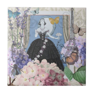 Blauwe elegante vrouw bloemrijke fancy jurk  tegeltje