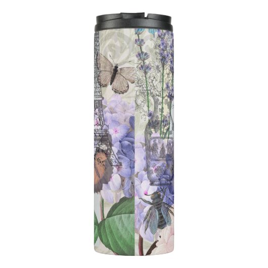 Blauwe elegante vrouw bloemrijke fancy jurk  thermosbeker (Achterkant)