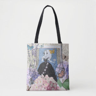 Blauwe elegante vrouw bloemrijke fancy jurk tote bag