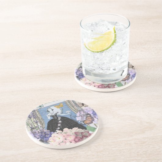 Blauwe elegante vrouw bloemrijke fancy jurk zandsteen onderzetter (Zijkant)