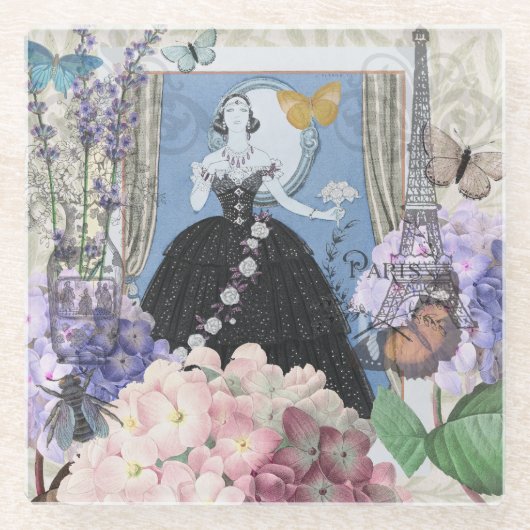 Blauwe Elegante Vrouw Bloemrijke Fantasie Jurk  Glazen Onderzetter (Voorkant)