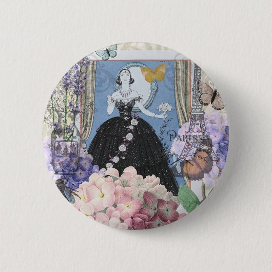 Blauwe Elégante Vrouw Bloemrijke Fantasie Jurk Ronde Button 5,7 Cm (Voorkant)