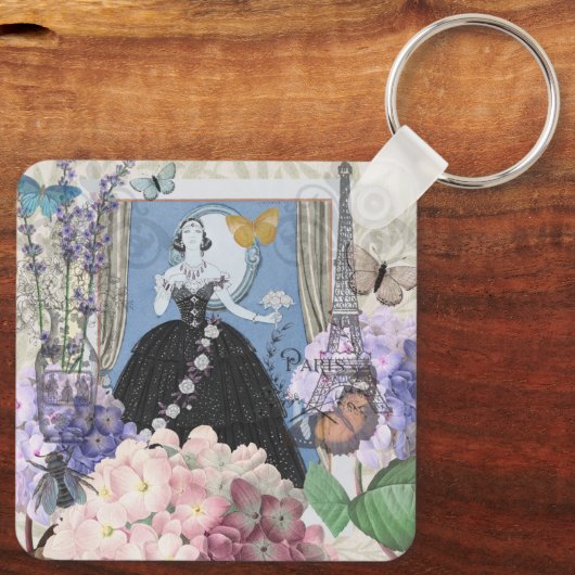 Blauwe Elégante Vrouw Bloemrijke Fantasie Jurk Sleutelhanger (Achterkant)