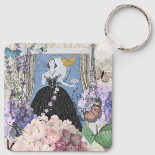 Blauwe Elégante Vrouw Bloemrijke Fantasie Jurk Sleutelhanger (Achterkant)