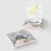 Blauwe Elégante Vrouw Bloemrijke Fantasie Jurk Stenen Onderzetter (Zijkant)