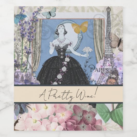 Blauwe Elégante Vrouw Bloemrijke Fantasie Jurk Wijn Etiket (Enkel label)