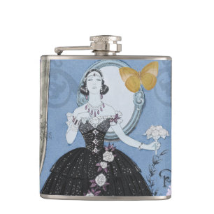 Blauwe Elegante Vrouw Bloemrijke Jurk Chic Heupfles