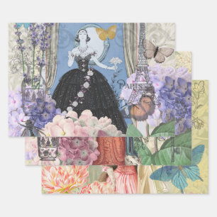 Blauwe Elegante Vrouw Bloemrijke Jurk Chic Inpakpapier Vel