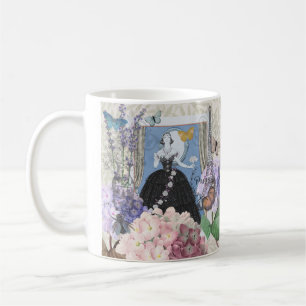 Blauwe Elegante Vrouw Bloemrijke Jurk Chic Koffiemok