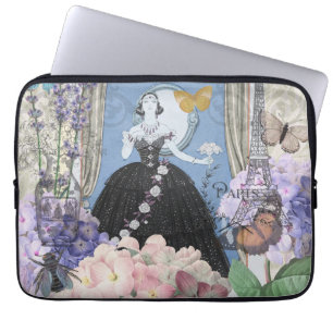 Blauwe Elegante Vrouw Bloemrijke Jurk Chic Laptop Sleeve