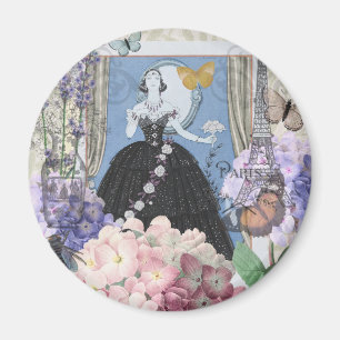 Blauwe Elegante Vrouw Bloemrijke Jurk Chic Magneet