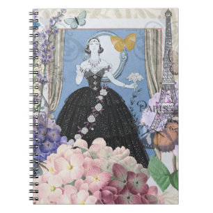 Blauwe Elegante Vrouw Bloemrijke Jurk Chic Notitieboek