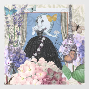Blauwe Elegante Vrouw Bloemrijke Jurk Chic Raamsticker